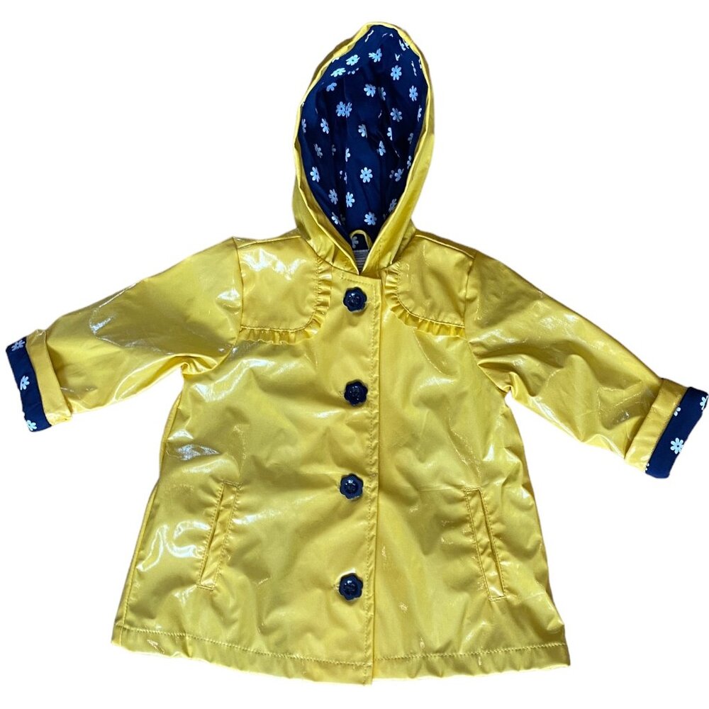 Baby Yellow Blue Floral Lined Flower Buttons Ruffle Hooded Jacket Raincoat-18mos